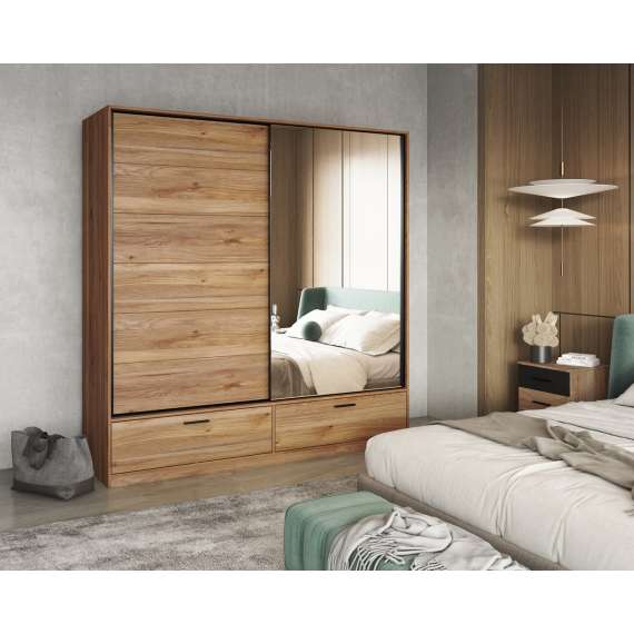 Garderobeskap Beta 180x210 - eik - speil - skuffer