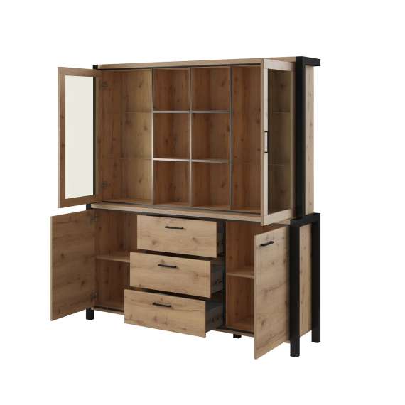 Stort vitrineskap Aktiv 180x200 cm - eik - sort - med hyller