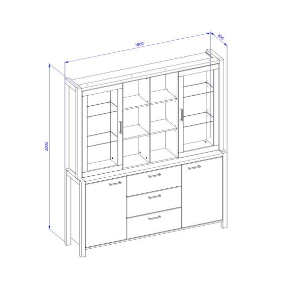 Stort vitrineskap Aktiv 180x200 cm - eik - sort - med hyller