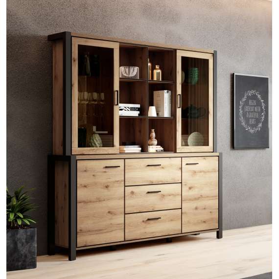 Stort vitrineskap Aktiv 180x200 cm - eik - sort - med hyller