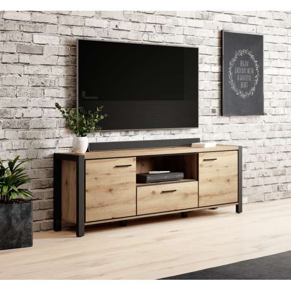 Høy tv-benk Aktiv 180x65 cm - eik - sort - med skuff