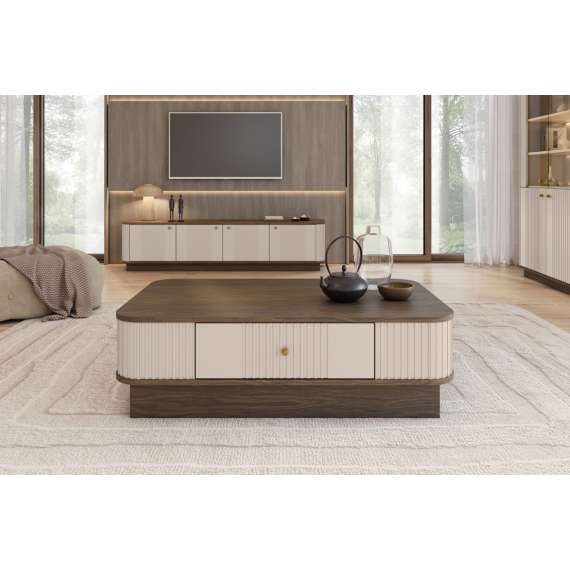 Sofabord Vesper - 103x60 cm - 1 skuff - cashmere - valnøtt - sokkel