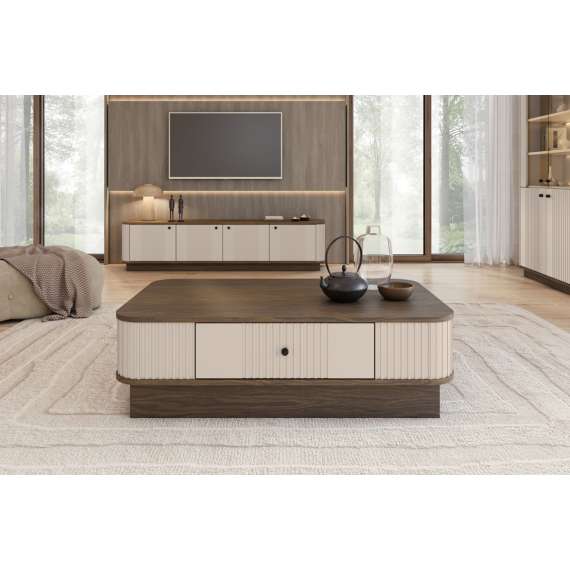 Sofabord Vesper - 103x60 cm - 1 skuff - cashmere - valnøtt - sokkel