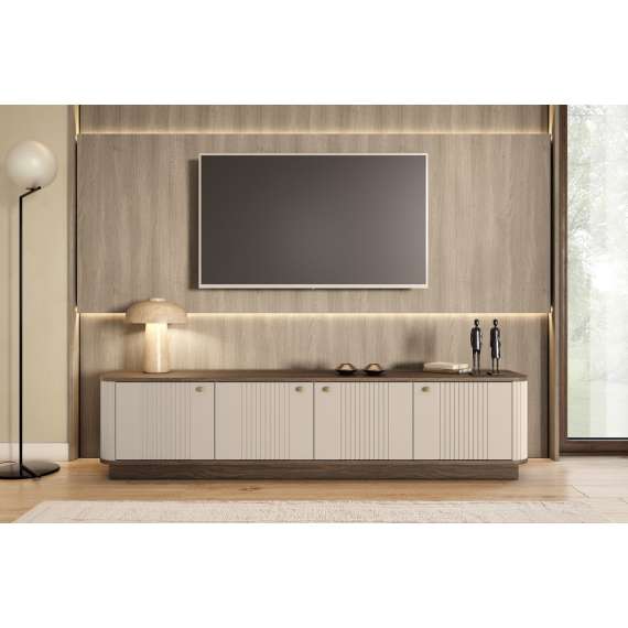 Tv-benk Vesper - 187x48 cm - 4 dører - cashmere - valnøtt - sokkel