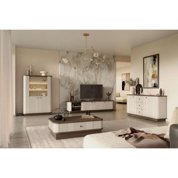 Tv-benk Vesper - 187x48 cm - 3 dører - cashmere - valnøtt - sokkel