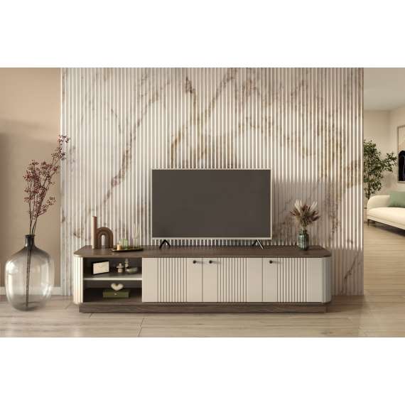 Tv-benk Vesper - 187x48 cm - 3 dører - cashmere - valnøtt - sokkel