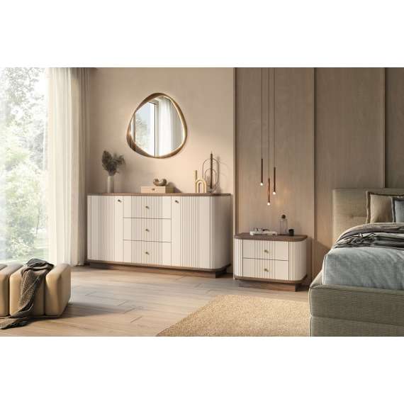 Skjenk Vesper - 160x77 cm - 2 dører - 3 skuffer - cashmere - valnøtt - sokkel