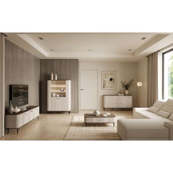 Skjenk Vesper - 160x77 cm - 2 dører - 3 skuffer - cashmere - valnøtt - sokkel