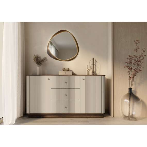 Skjenk Vesper - 160x77 cm - 2 dører - 3 skuffer - cashmere - valnøtt - sokkel