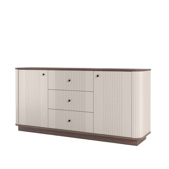 Skjenk Vesper - 160x77 cm - 2 dører - 3 skuffer - cashmere - valnøtt - sokkel