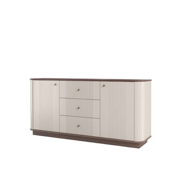 Skjenk Vesper - 160x77 cm - 2 dører - 3 skuffer - cashmere - valnøtt - sokkel