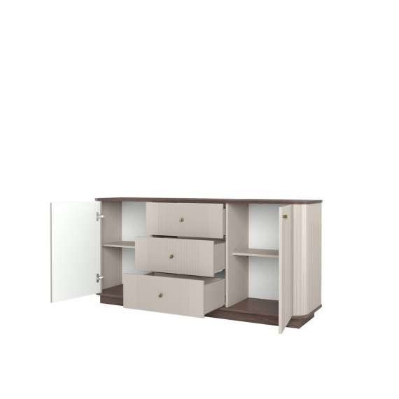 Skjenk Vesper - 160x77 cm - 2 dører - 3 skuffer - cashmere - valnøtt - sokkel