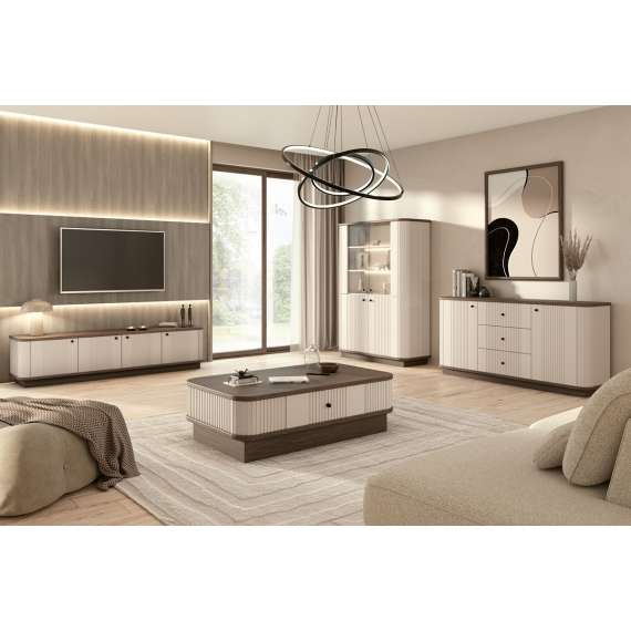 Skjenk Vesper - 160x77 cm - 2 dører - 3 skuffer - cashmere - valnøtt - sokkel