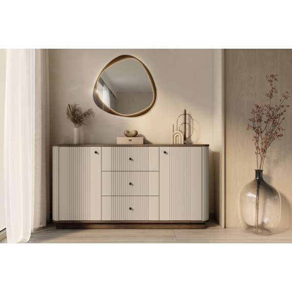 Skjenk Vesper - 160x77 cm - 2 dører - 3 skuffer - cashmere - valnøtt - sokkel