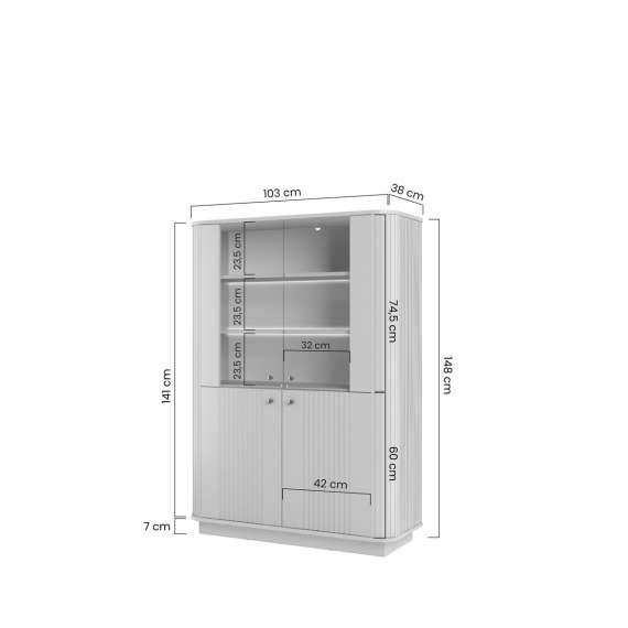 Vitrineskap Vesper - 103x148 cm - 4 dører - cashmere - valnøtt - sokkel