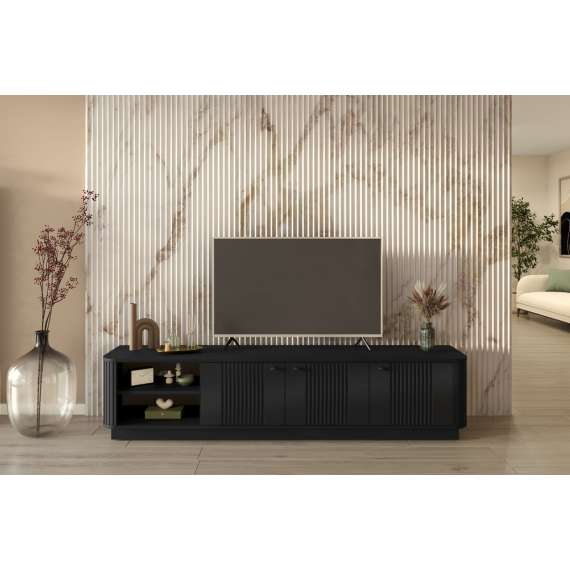 Tv-benk Vesper - 187x43 cm - 3 dører - svart matt - sokkel