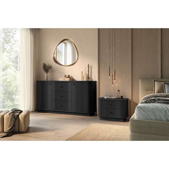 Skjenk Vesper - 160x43 cm - 2 dører - 3 skuffer - svart matt - sokkel