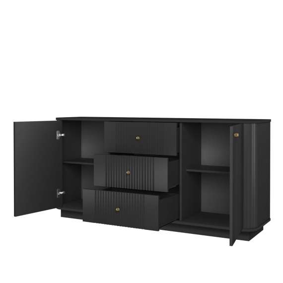 Skjenk Vesper - 160x43 cm - 2 dører - 3 skuffer - svart matt - sokkel