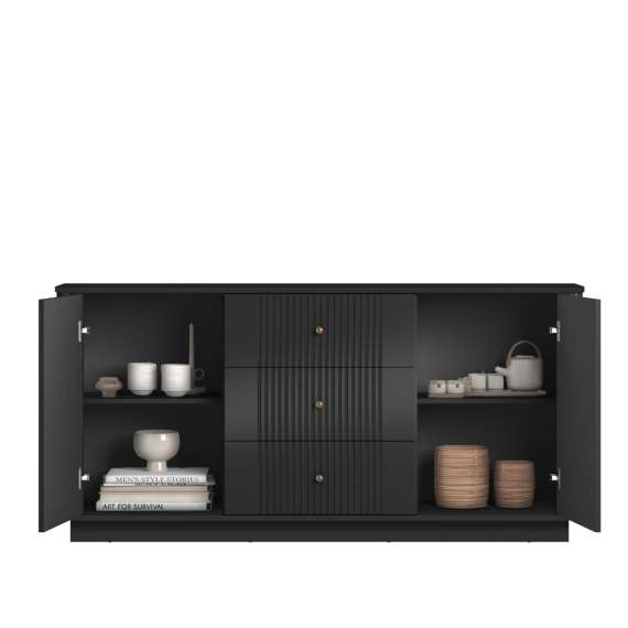 Skjenk Vesper - 160x43 cm - 2 dører - 3 skuffer - svart matt - sokkel