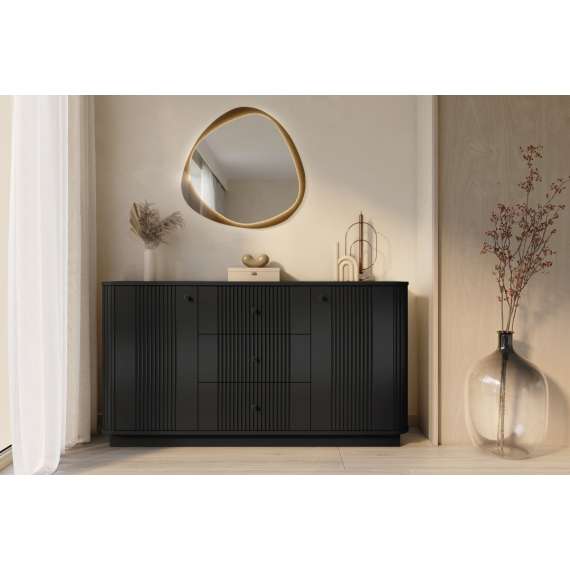 Skjenk Vesper - 160x43 cm - 2 dører - 3 skuffer - svart matt - sokkel