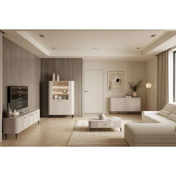 Vitrineskap Vesper - 103x158 cm - 4 dører - cashmere - metall bein