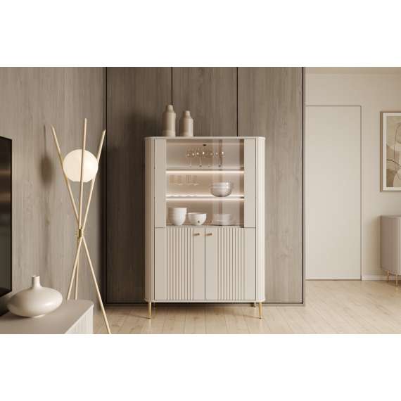 Vitrineskap Vesper - 103x158 cm - 4 dører - cashmere - metall bein