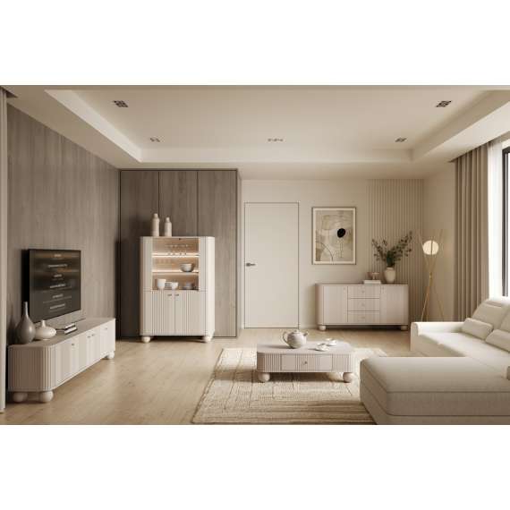 Vitrineskap Vesper - 103x153 cm - 4 dører - cashmere - tre bein