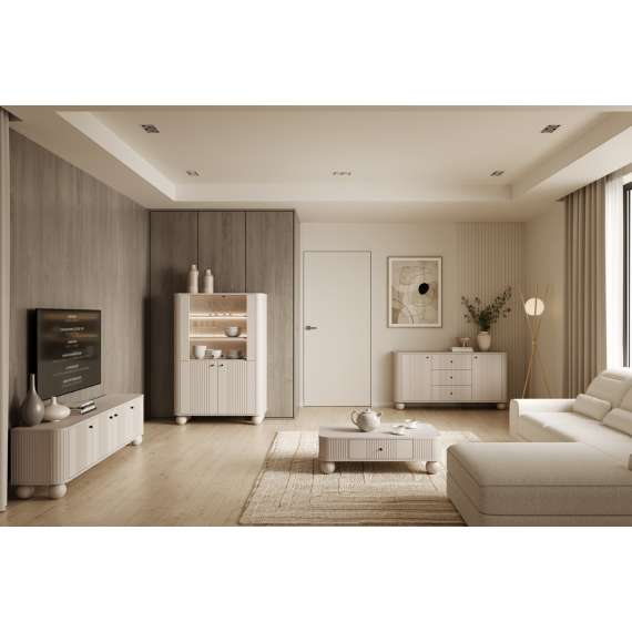 Vitrineskap Vesper - 103x153 cm - 4 dører - cashmere - tre bein