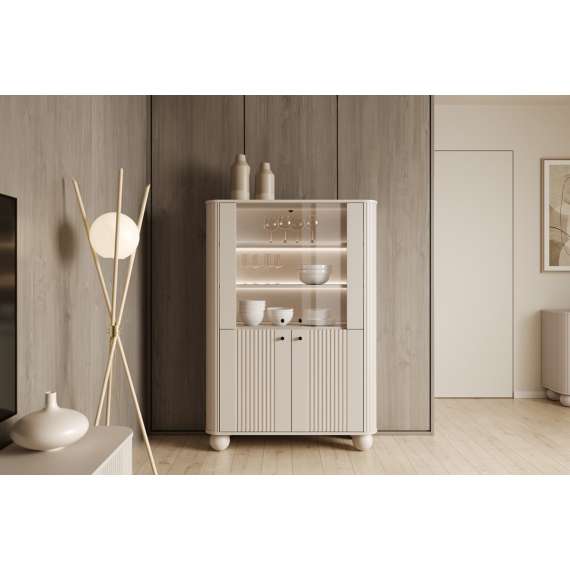 Vitrineskap Vesper - 103x153 cm - 4 dører - cashmere - tre bein