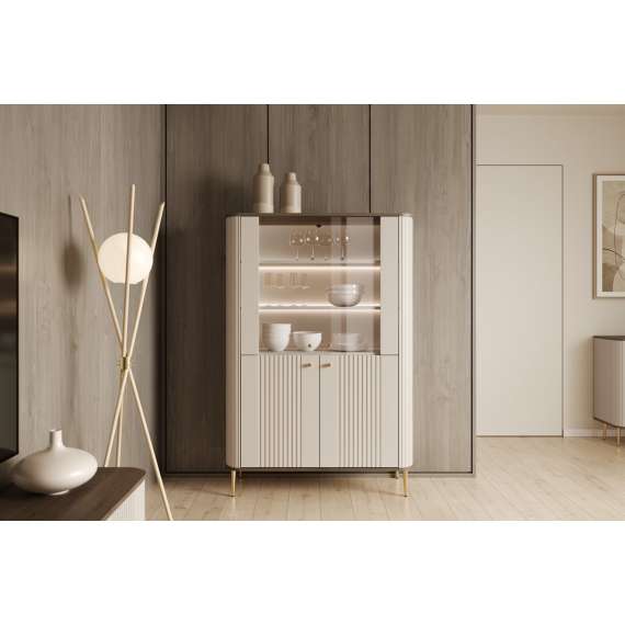 Vitrineskap Vesper - 103x156 cm - 4 dører - cashmere - valnøtt - metall bein