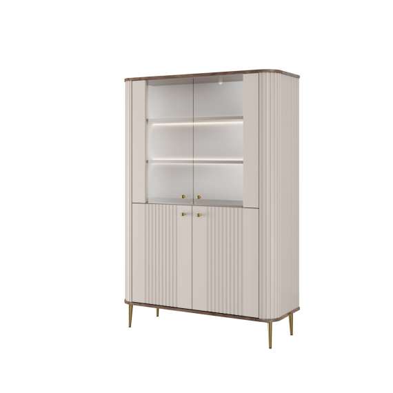 Vitrineskap Vesper - 103x156 cm - 4 dører - cashmere - valnøtt - metall bein