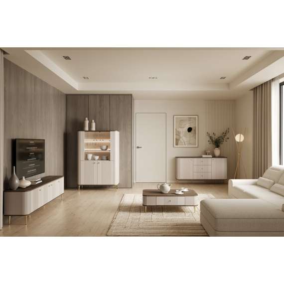 Vitrineskap Vesper - 103x156 cm - 4 dører - cashmere - valnøtt - metall bein