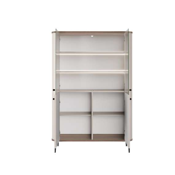 Vitrineskap Vesper - 103x156 cm - 4 dører - cashmere - valnøtt - metall bein