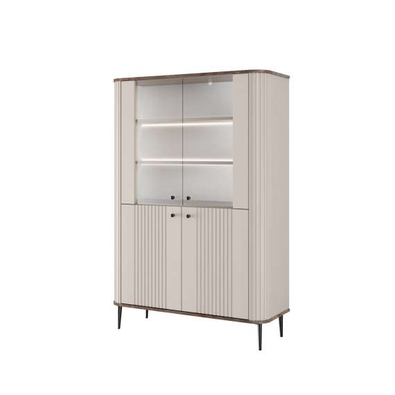 Vitrineskap Vesper - 103x156 cm - 4 dører - cashmere - valnøtt - metall bein