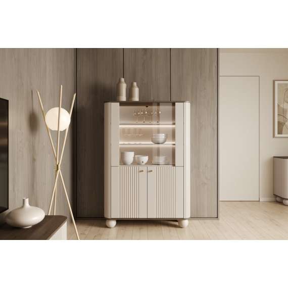 Vitrineskap Vesper - 103x153 cm - 4 dører - cashmere - valnøtt - tre bein