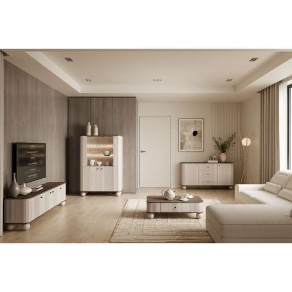 Vitrineskap Vesper - 103x153 cm - 4 dører - cashmere - valnøtt - tre bein