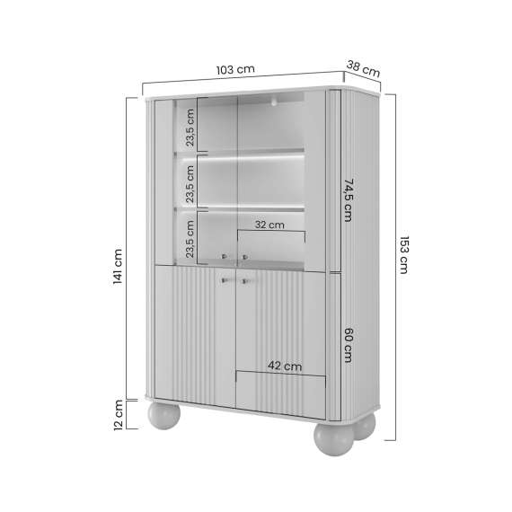 Vitrineskap Vesper - 103x153 cm - 4 dører - cashmere - valnøtt - tre bein