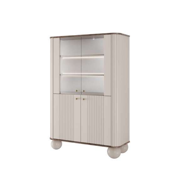 Vitrineskap Vesper - 103x153 cm - 4 dører - cashmere - valnøtt - tre bein