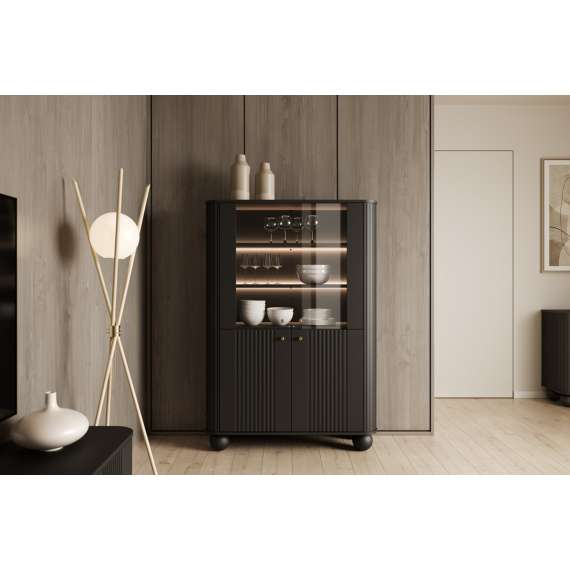 Vitrineskap Vesper - 103x153 cm - svart matt - 4 dører - tre bein