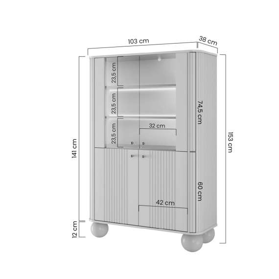 Vitrineskap Vesper - 103x153 cm - svart matt - 4 dører - tre bein