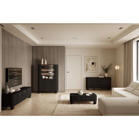 Vitrineskap Vesper - 103x153 cm - svart matt - 4 dører - tre bein