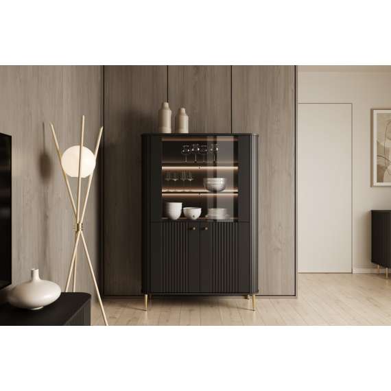 Vitrineskap Vesper - 103x156 cm - svart matt - 4 dører - metall bein