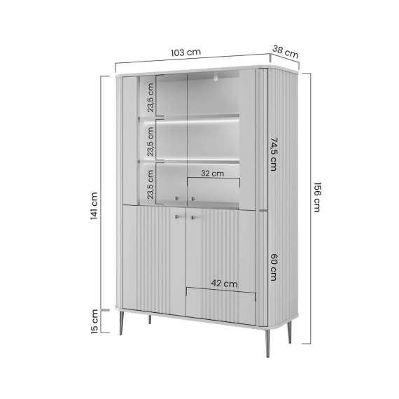 Vitrineskap Vesper - 103x156 cm - svart matt - 4 dører - metall bein