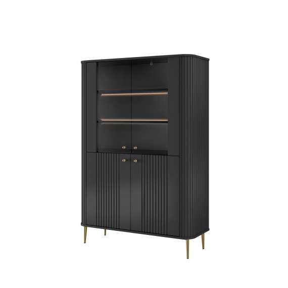 Vitrineskap Vesper - 103x156 cm - svart matt - 4 dører - metall bein