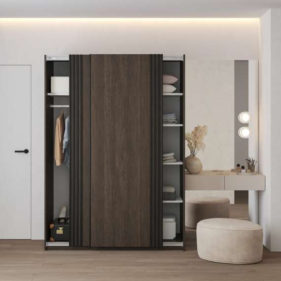 Garderobeskap Niva 120x210 cm - mørk eik - med innredning