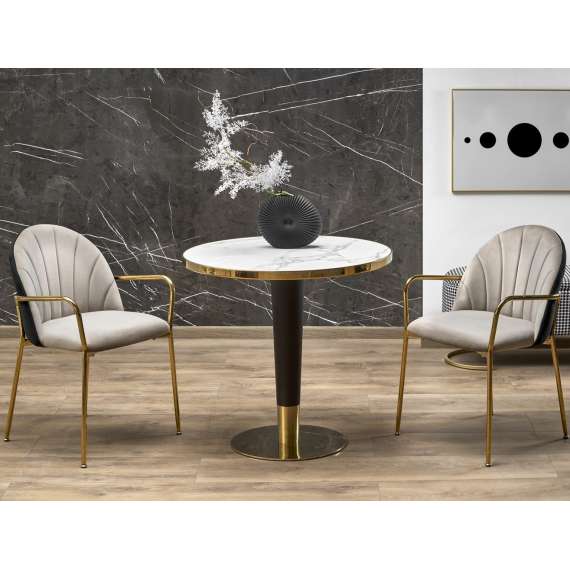 Bord MORATA Ø80 cm - hvit marmor - sort ben - gull detaljer