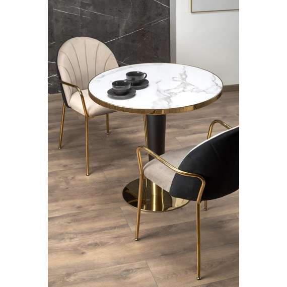 Bord MORATA Ø80 cm - hvit marmor - sort ben - gull detaljer