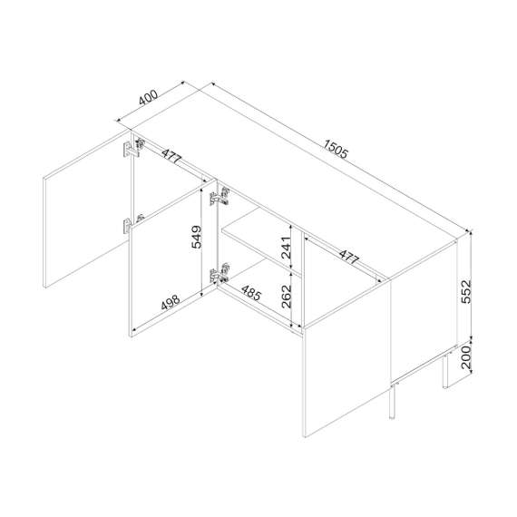 Skjenk ISLA - 150x75 cm - beige - 3 dører - metall bein