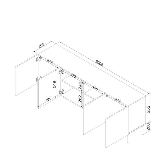 Skjenk ISLA - 200x75 cm - beige - 4 dører - metall bein