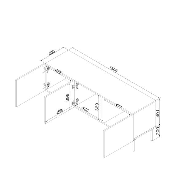 Tv-benk ISLA - 150x60 cm - beige - 3 dører - metall bein